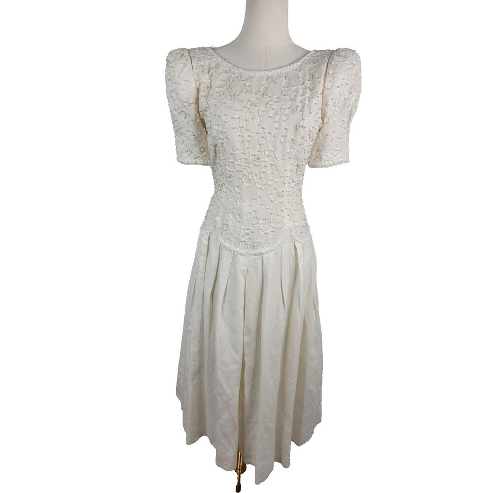 Vtg Sarah Elizabeth Beaded Midi Dress Women 4 Linen Cotton Ivory Pearl 80s 90s